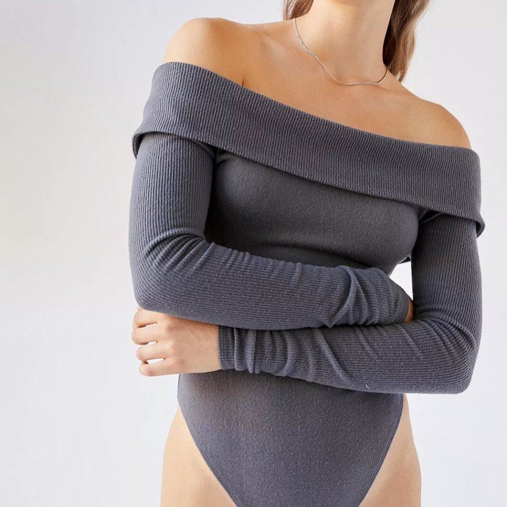 UO Out From Under Cozy Ribbed Off-The-Shoulder Bodysuit size L